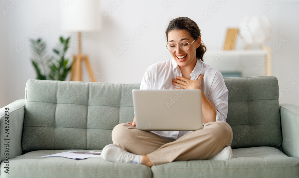 Sticker woman working on laptop at home