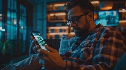 A man is relaxing at home, scrolling through a social media feed on his smartphone, and double-tapping on the screen - obrazy, fototapety, plakaty