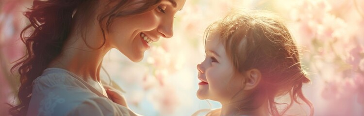 Naklejka premium Mother and child admiring each other under a beautiful blossoming tree in springtime
