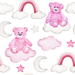 Watercolor pattern with pink bear, clouds, stars,rainbow,moon.Childish background.Good night print