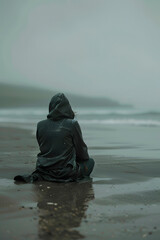 woman is sitting on the beach in a gloomy day - 745725359