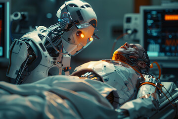 humanoid robot repairing a human-like robot - 745725389