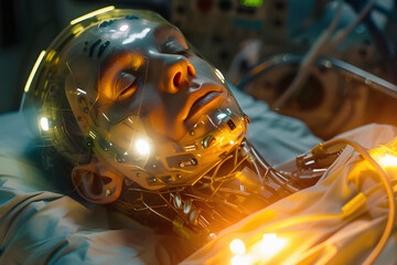 robot with a human face on an operating room table - 745725393