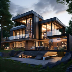 Fototapeta premium Modern house in black theme.