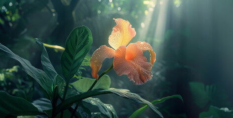 a visually stunning shot of a rare orchid blooming amidst the dense foliage of the jungle, its...