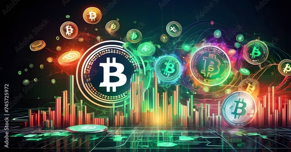 Poster a collection of bitcoins are displayed floating in the air on a vibrant background, creating an arti