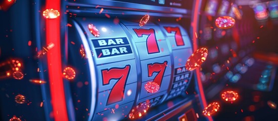 Casino Gambling of blue slot machine on lucky number 7 view blur background. Generated AI image - obrazy, fototapety, plakaty
