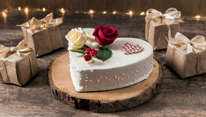 Obraz na płótnie Canvas Heart shaped wedding cake decorated with flowers. beautifully decorated with icing and is placed on a table indoors. Elegant, Festive Gold and Glitter, Gift Boxes in background