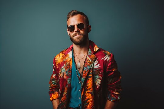 Handsome young man wearing colorful shirt and sunglasses. Studio shot.
