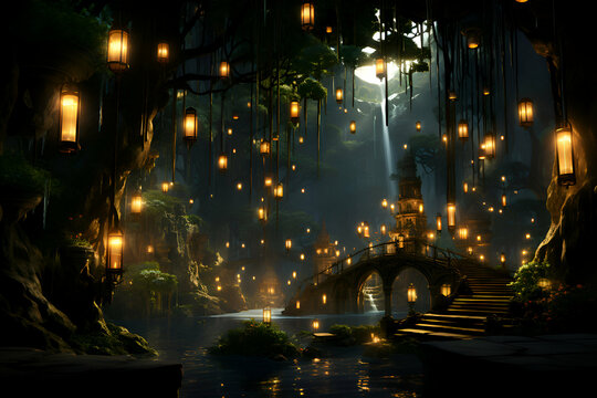 Mystical dark cave temple with giant lanterns.  3d  rendering