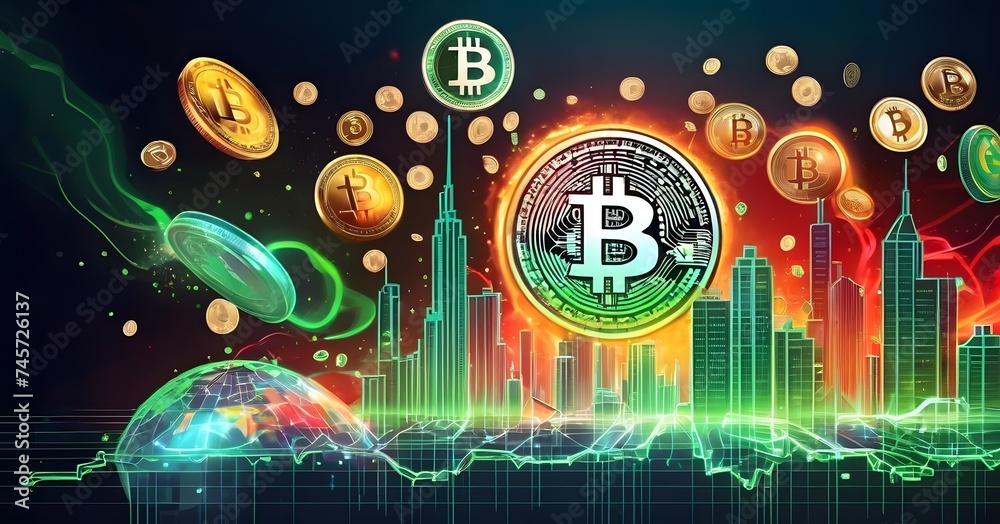 Poster a mesmerizing art display of bitcoins floating in a circle, illuminated by visual effect lighting on