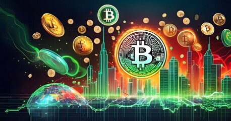 A mesmerizing art display of bitcoins floating in a circle, illuminated by visual effect lighting on a dark background, creating a symmetrical and visually stunning logo for an entertainment event