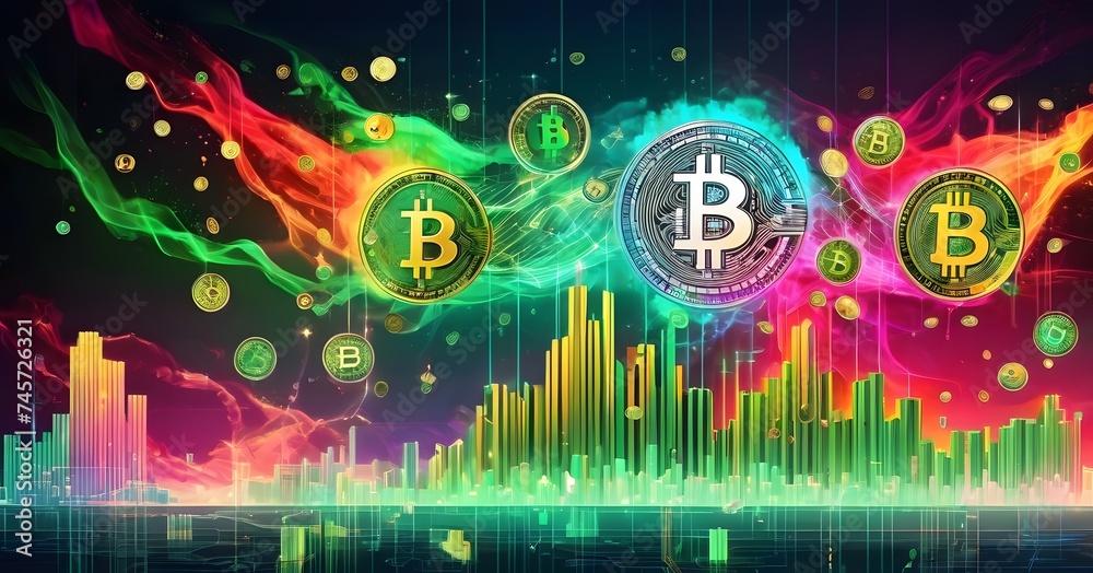 Poster a mesmerizing art display of bitcoins floating in a circle, illuminated by visual effect lighting on