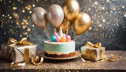 Birthday cake with candles and balloons. It is a festive dessert at a birthday party. Stylish and handmade pie with festive and beautiful decoration. Candle on top. Wonderful background with glitter.