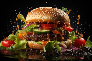 a hamburger with tomatoes , lettuce , onions and sauce on a black background