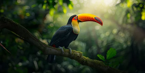 Rolgordijnen Design an image of a colorful toucan perched on a tree branch in the jungle, its vibrant plumage contrasting against the lush green backdrop realistic High-resolution photograph clean sharp focus © Asif Ali 217