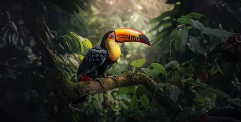 Rolgordijnen Design an image of a colorful toucan perched on a tree branch in the jungle, its vibrant plumage contrasting against the lush green backdrop realistic High-resolution photograph clean sharp focus © Asif Ali 217