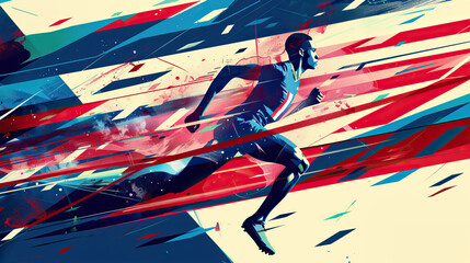Concept design for the 2024 Olympics in Paris, France. Elite running athlete in a race, running and sprinting towards the finish line. Not an actual depiction of the event. Vibrant, red, white, blue