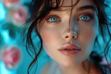 A close-up of a stunning young brunette lady. Generative Ai.