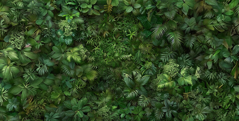 a image of a dense jungle canopy seen from above, with layers of foliage creating a lush and vibrant mosaic of green - obrazy, fototapety, plakaty