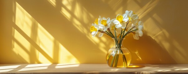 Highlighting a clear perfume bottle and vibrant daffodils on a wooden surface, warm sunlight filters through a window, casting a soft and inviting glow in the room.