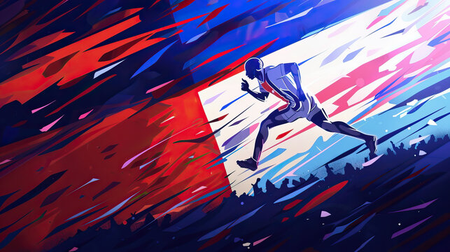 Concept design for the 2024 Olympics in Paris, France. Elite running athlete in a race, running and sprinting towards the finish line. Not an actual depiction of the event. Vibrant, red, white, blue