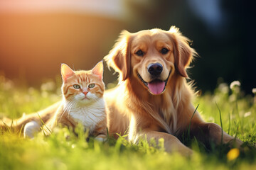 Dog and cat on green grass. Shelter pets, animals. Veterinary, zooclinic, goods for animals..