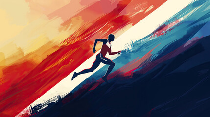 Obraz na płótnie Canvas Concept design for the 2024 Olympics in Paris, France. Elite athlete in a race, running and sprinting towards the finish line. Not an actual depiction of the event. Vibrant, red, white, blue, centered