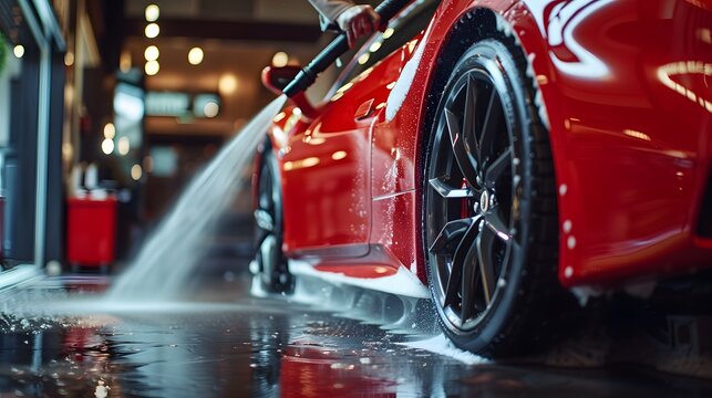 A Professional Automotive Detailer Is Using A High-pressure Washer To Rinse Off Smart Soap And Foam From A Red Performance Car At A Vehicle Detailing Shop