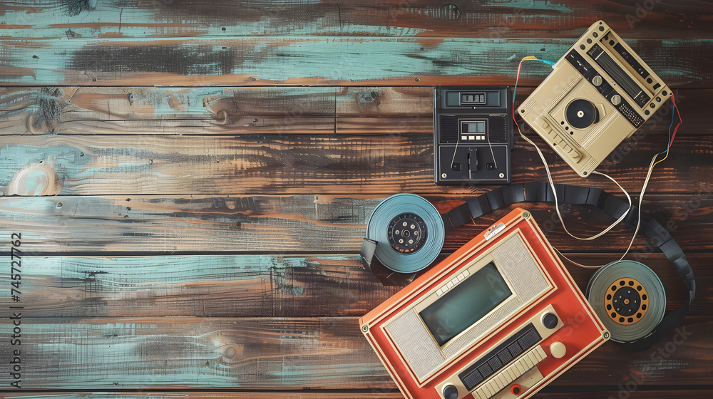 Poster  retro technology of radio cassette recorder music with retro tape cassette on wood table