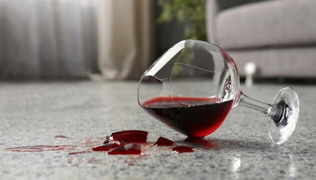 Generated image of glass with red wine broken on the floor