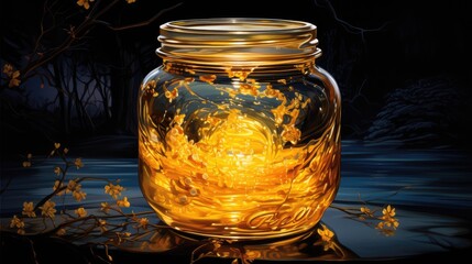 A jar of golden honey glowing in the moonlight