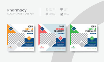 Pharmacy social media post for medicine banner ad creative. Functional pharmacy store social media post layout template design. Vol - 30