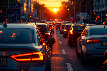 Cars in a traffic jam on the big city street at evening time.
