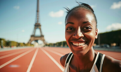 Portrait, black woman female athlete on athletics track, Eiffel Tower like structure behind. Concept shot for 2024 Olympics in Paris, France. Isolated modern. Not an actual depiction of the event