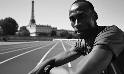 Fotobehang Focused black man male athlete on athletics track, Eiffel Tower like structure behind. Concept shot for 2024 Olympics in Paris, France, Europe. Isolated modern. Not an actual depiction of the event © Goodwave Studio