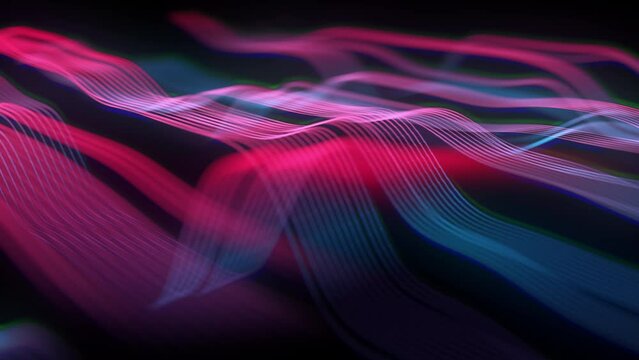 Wave motion of surfaces made of lines on black background. Abstract concept of audio waves, artificial intelligence (AI) and big data. 4K looped video of bright digital sound waves in virtual reality