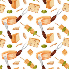 Seamless pattern with green olives, pieces of cheese on skewers, crackers, knife and fork. Hand drawn watercolor illustration isolated on white background. Textile, fabric, print, card design element.
