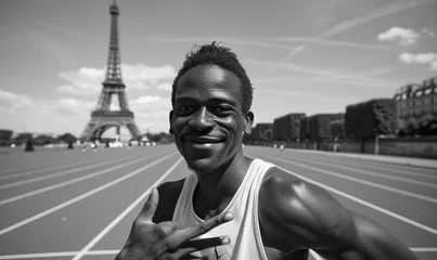  Smiling black man male athlete on athletics track, Eiffel Tower like structure behind. Concept shot for 2024 Olympics in Paris, France, Europe. Isolated modern. Not an actual depiction of the event © Goodwave Studio