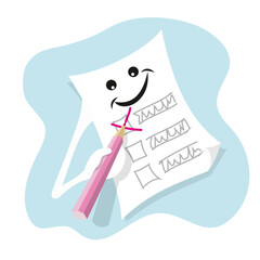 Cartoon illustration of a sheet of paper that independently writes a list and ticks off items on it