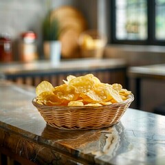 Crispy potato chips in a wicker bowl on old kitchen table. Made with generative ai. 