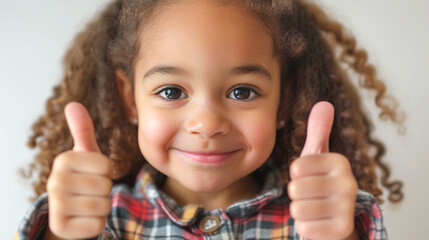 Cute cheerful smiling Black preschooler girl with curly hair holding her thumbs up in approving gesture. Creative banner for different concepts