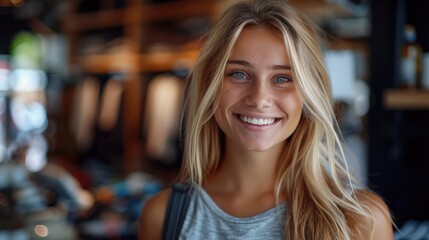 An image shows a cheerful blonde cashier. Generative Ai.