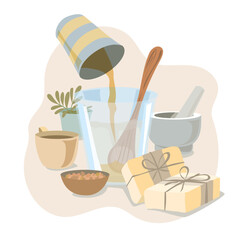 Illustration of various glasses and bowls in which soap is stirred together