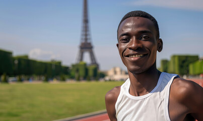 Smiling black man male athlete on athletics track, Eiffel Tower like structure behind. Concept shot for 2024 Olympics in Paris, France, Europe. Isolated modern. Not an actual depiction of the event