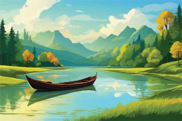 Türaufkleber Grün Boat in a lake illustration. Illustration traveling boat in river, beautiful landscape, green trees, natural light, nature landscape background. Beautiful lake with a boat in mountain area. 