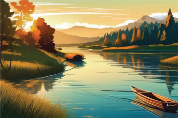 Boat in a lake illustration. Illustration traveling boat in river, beautiful landscape, green trees, natural light, nature landscape background. Beautiful lake with a boat in mountain area.  - obrazy, fototapety, plakaty