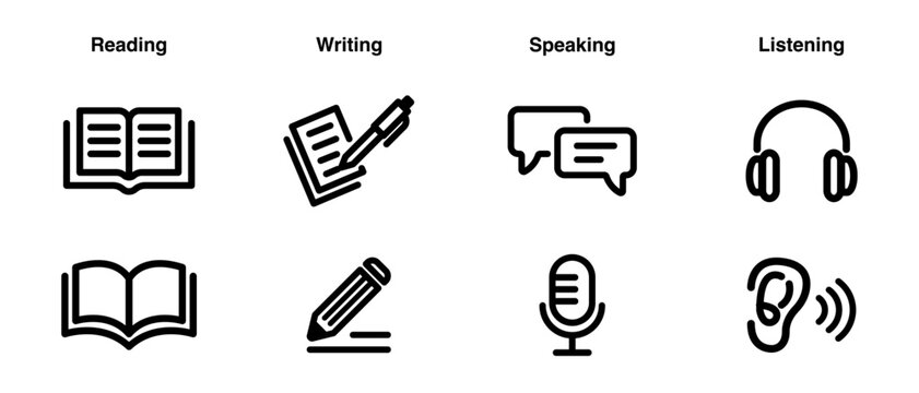 Language skill icon set speaking listening reading writing education test logo vector illustration symbol	
