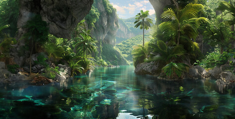 a  image of a tranquil jungle lagoon surrounded by towering cliffs and lush vegetation, with...