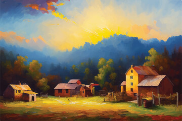 A rustic village scene, bathed in the ethereal glow of a heaven. Oil painting of a Beautiful Village. Oil painting - houses in the village. Old Village. Oil paintings rural landscape. village.